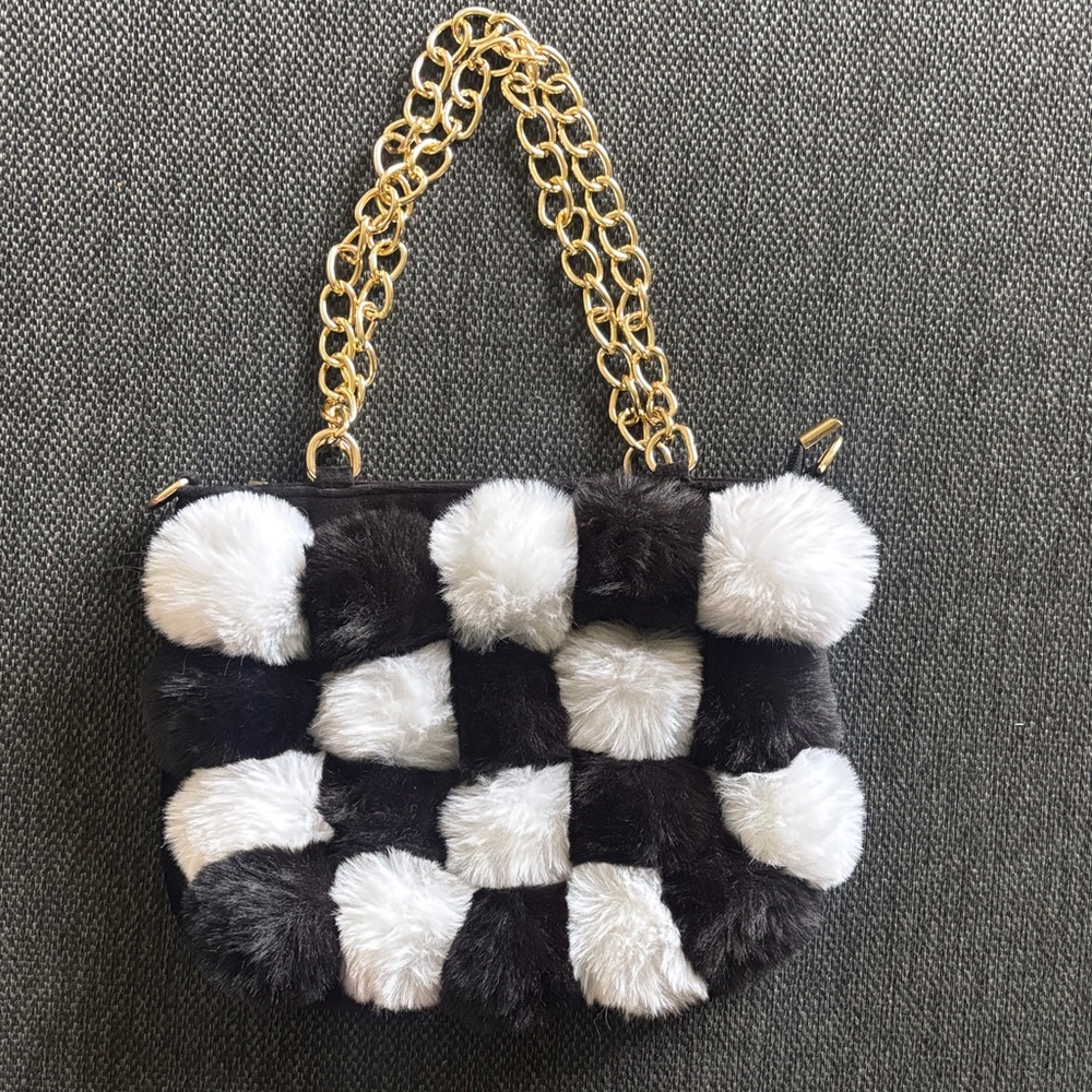 Faux Fur Checkerboard Chain Shoulder Bag - Black & White